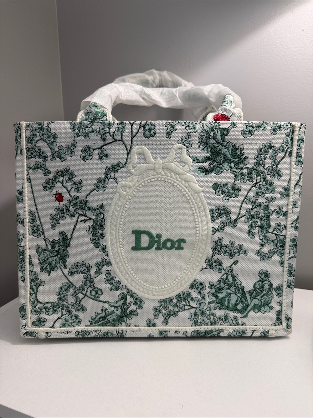White & Green Toile de Jouy Book Tote with Embroidered Logo